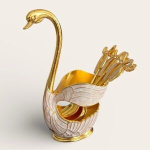Gold and Cream Swan Coffee Stirrer Holder with Five Spoons